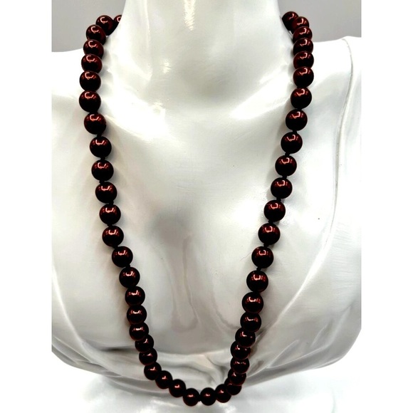 Vintage Burgundy Faux Pearl Glass Bead Necklace - Picture 1 of 7